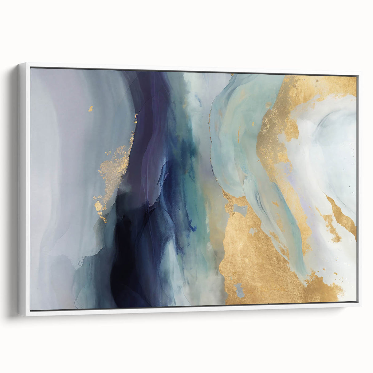 Framed canvas wall art showcasing abstract strokes in soft white and gray tones, perfect for modern home decor, displayed from a side angle.