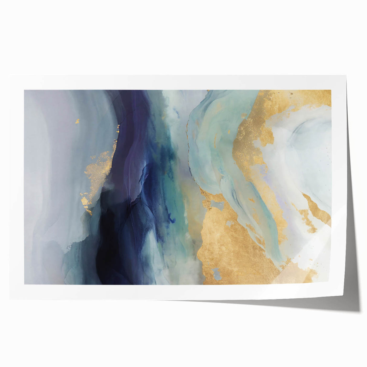 Abstract wall art print featuring vibrant strokes in shades of blue, orange, and yellow, showcasing a modern artistic style, rolled for easy display and shipping.