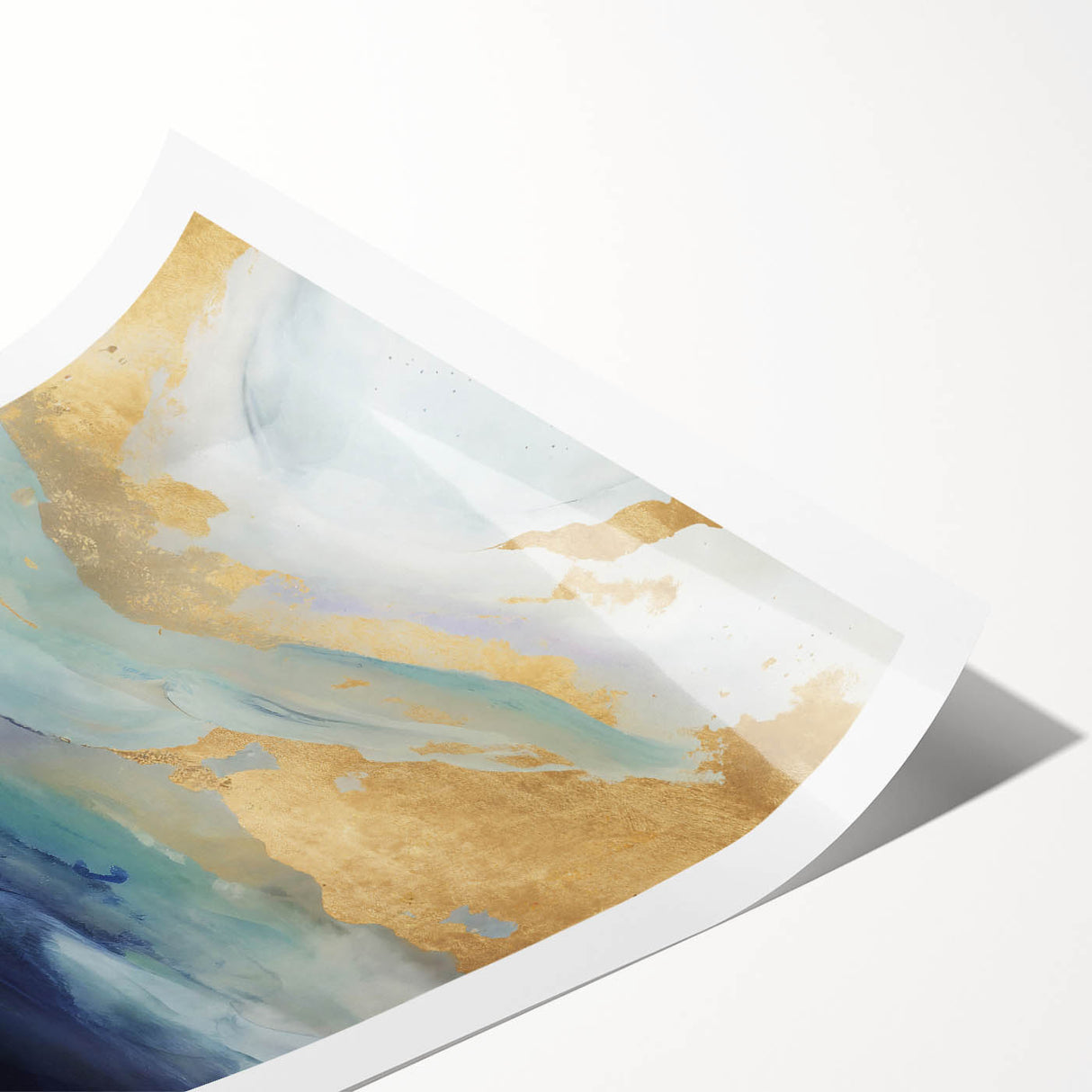 Abstract wall art print showcasing vibrant strokes of blue, orange, and gold, rolled and ready for display, perfect for modern home decor enthusiasts.