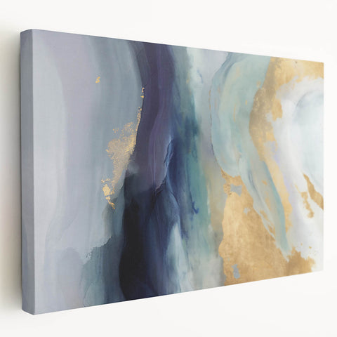 Abstract strokes wall art on a stretched canvas, showcasing vibrant colors and fluid designs, perfect for modern home decor, side view highlighting depth.