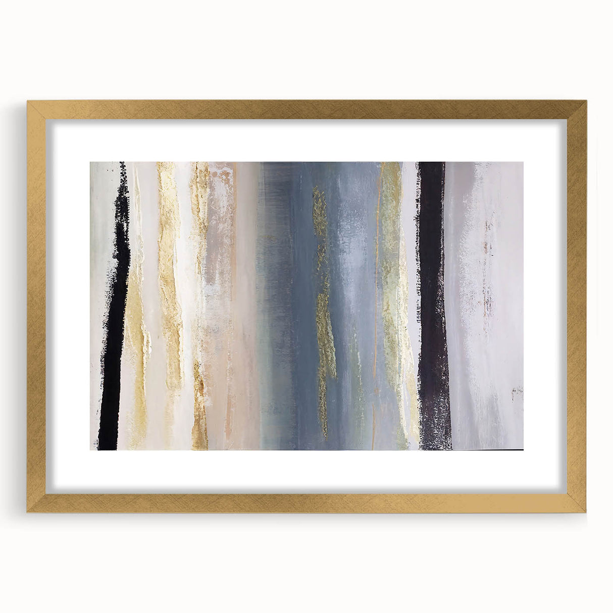 Abstract strokes wall art framed in gold, showcasing vibrant colors and dynamic patterns, perfect for modern home decor and artistic expression.