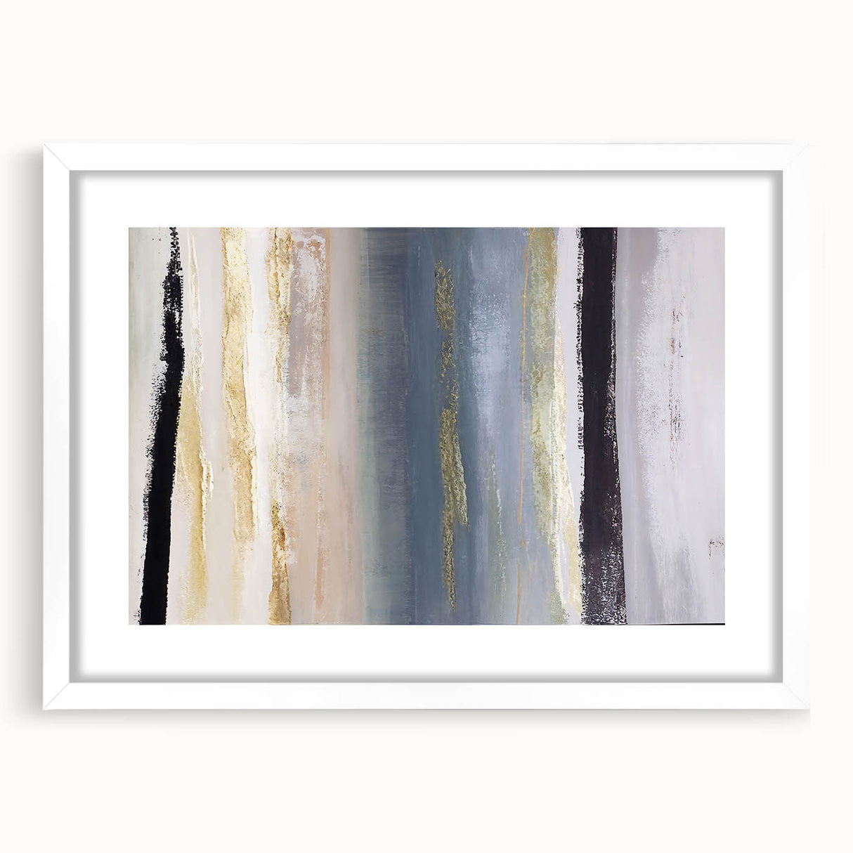 Abstract strokes wall art framed in white matte, showcasing a modern design with vibrant colors and dynamic lines, ideal for contemporary home decor.