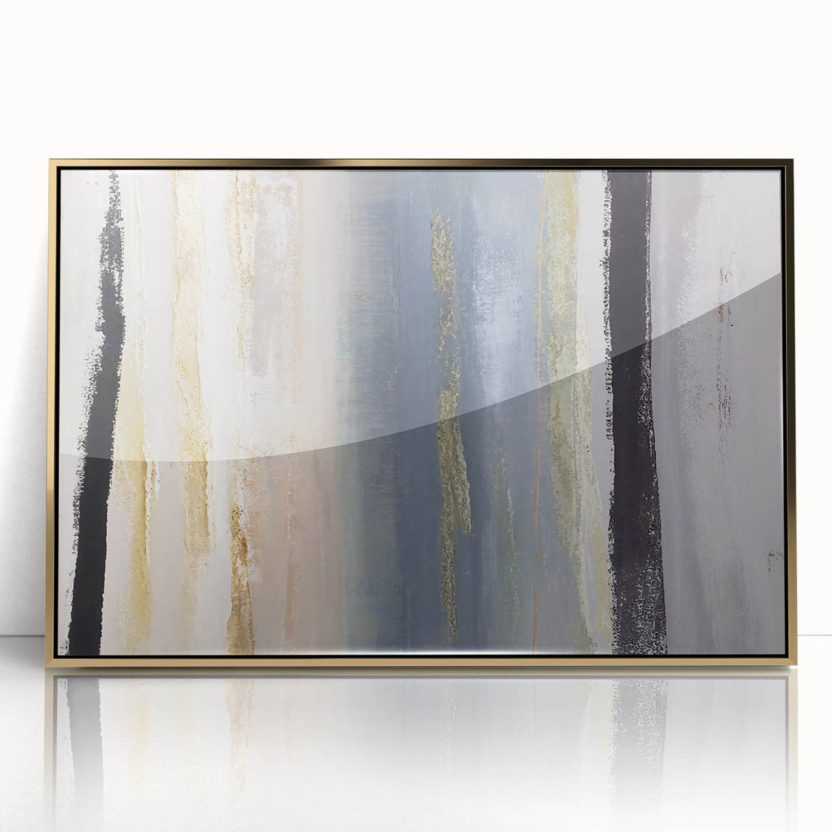 Framed abstract wall art featuring dynamic gold strokes on a white background, ideal for modern home decor or office settings, enhancing elegance and creativity.
