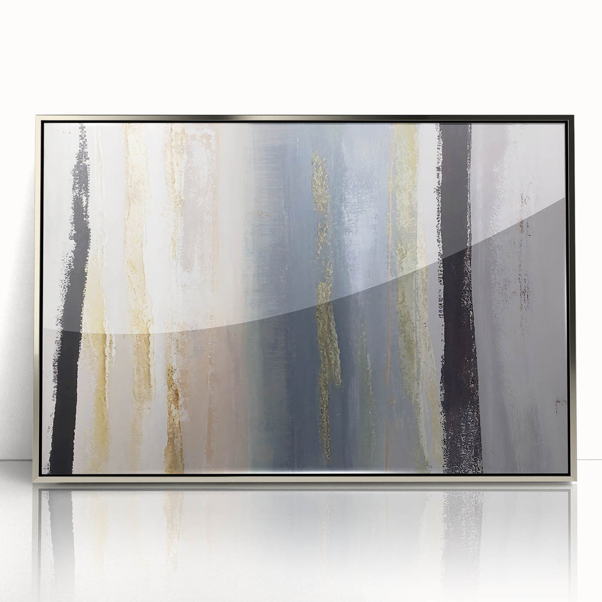Framed abstract wall art featuring dynamic silver strokes on a white background, perfect for modern home décor, enhancing any living space with elegance.