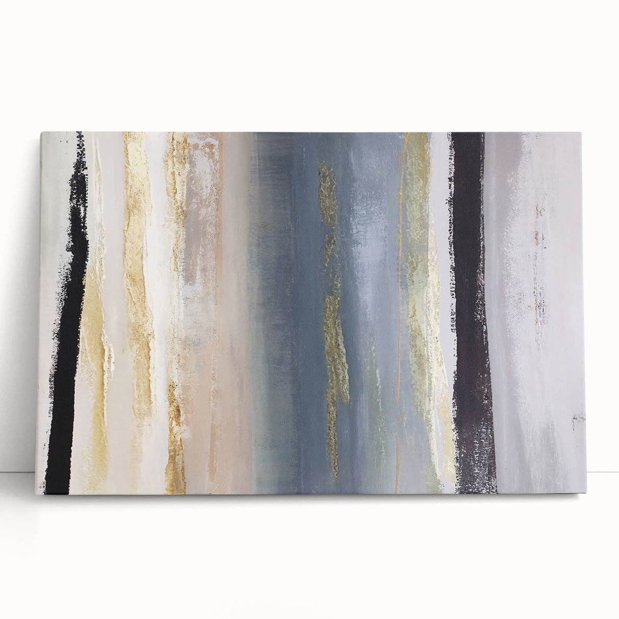 Abstract strokes wall art on stretched canvas, showcasing vibrant colors of blue, pink, and gold, perfect for modern home decor. Ideal for enhancing artistic spaces.