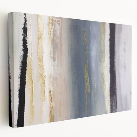 Abstract strokes wall art on stretched canvas showcasing vibrant colors and dynamic brushwork, perfect for modern home decor. Side view highlights its depth and texture.