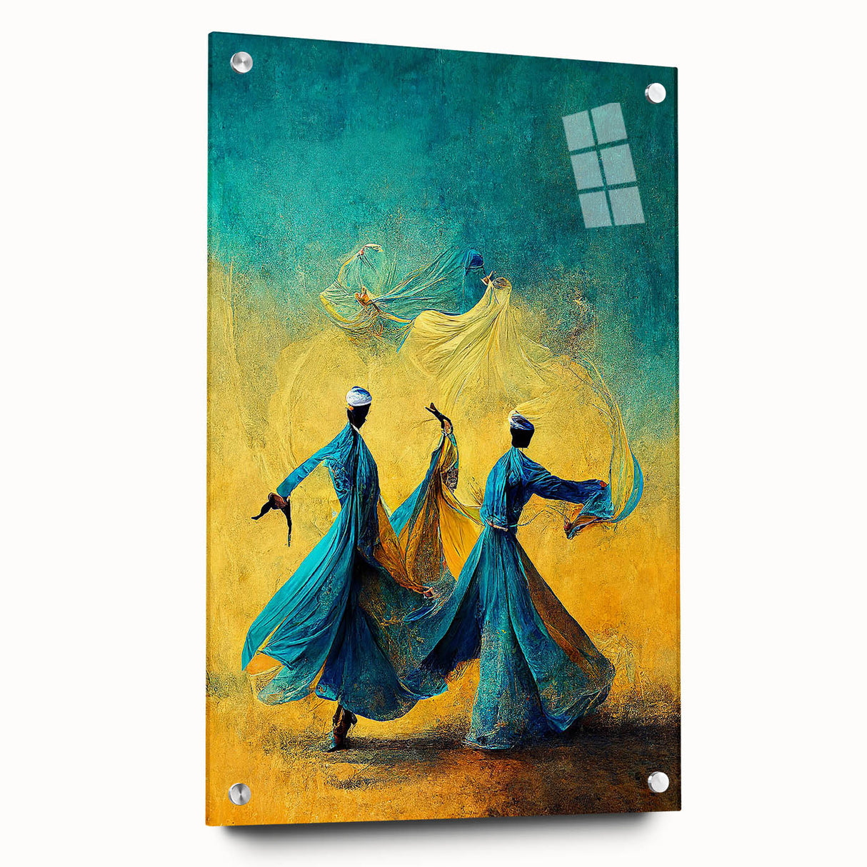 Abstract figurative wall art displayed in a side view, featuring vibrant colors and dynamic shapes, mounted with pins on acrylic glass, ideal for modern decor.