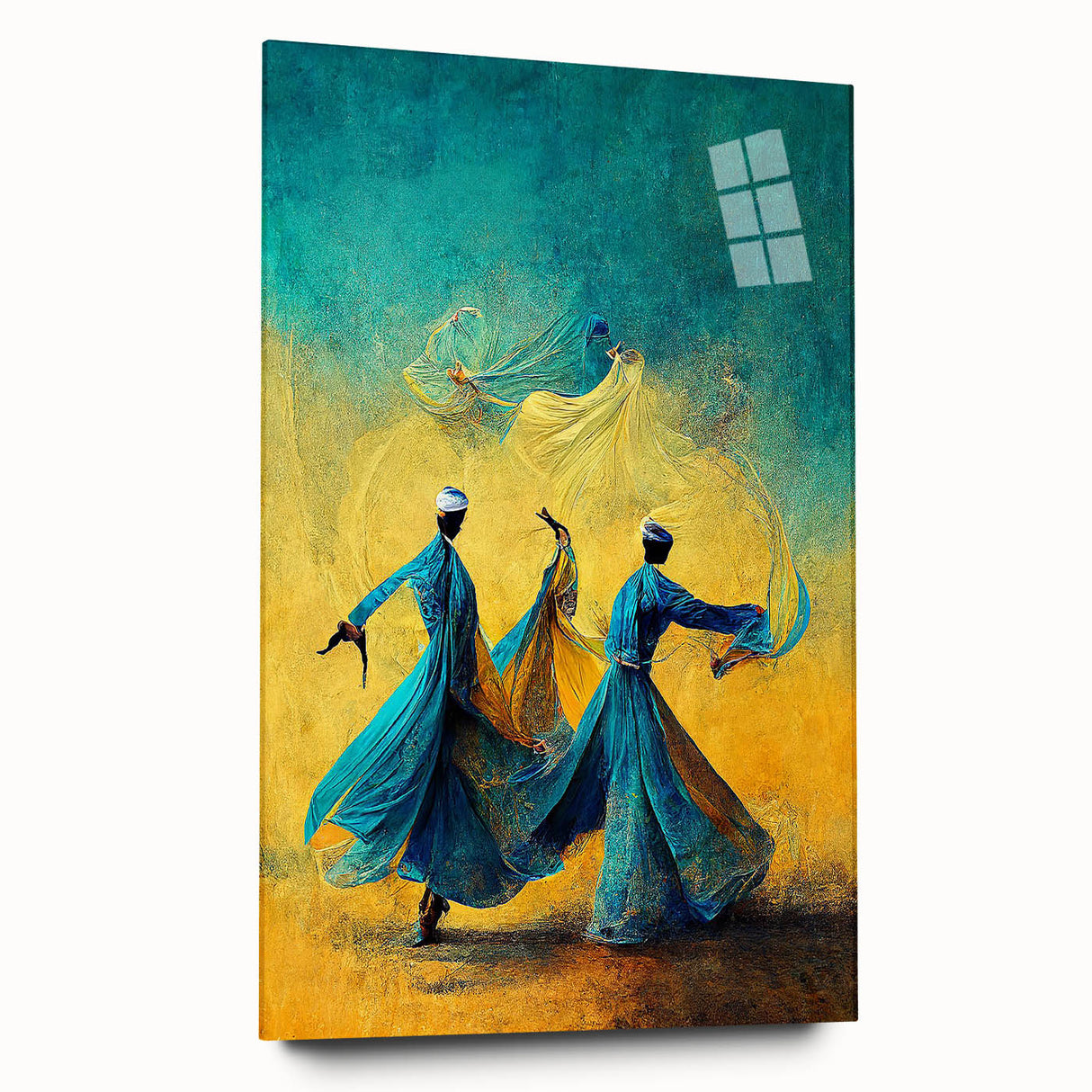 Abstract figurative wall art displayed in acrylic glass, showcasing vibrant colors and dynamic shapes, ideal for modern decor and artistic spaces.