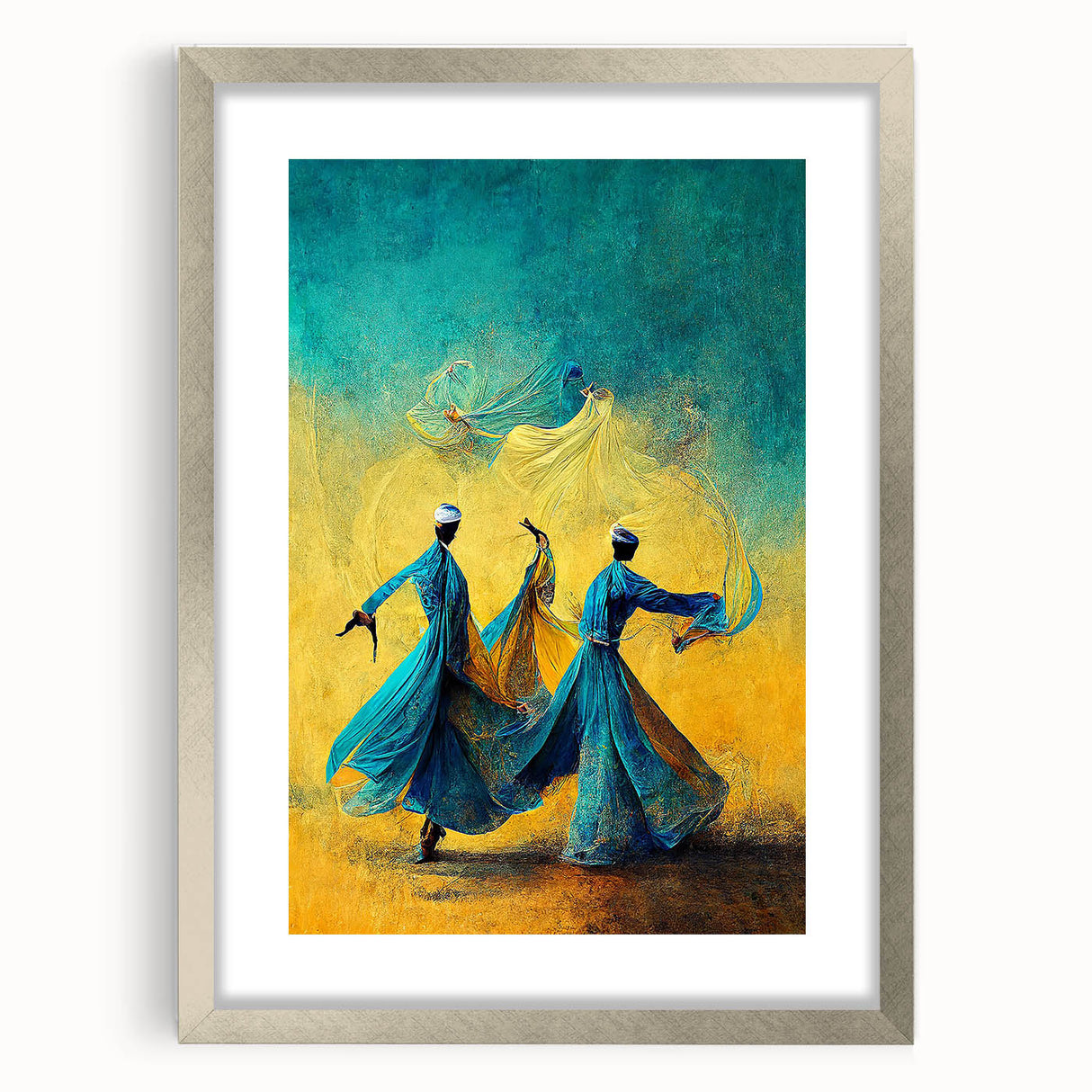 Abstract figurative wall art in a sleek silver frame with matting, showcasing vibrant colors and dynamic shapes, perfect for modern decor.