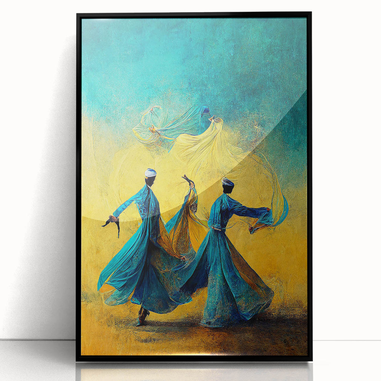 Abstract figurative wall art framed in black acrylic, showcasing vibrant colors and dynamic shapes, perfect for modern home decor. Ideal for adding a contemporary touch to living spaces.