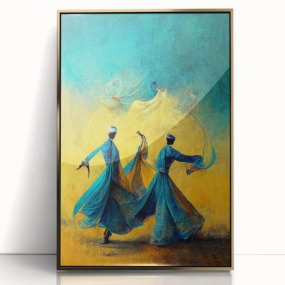 Framed abstract figurative wall art featuring a gold and black color palette, showcasing elegant shapes and textures, perfect for modern home decor accents.