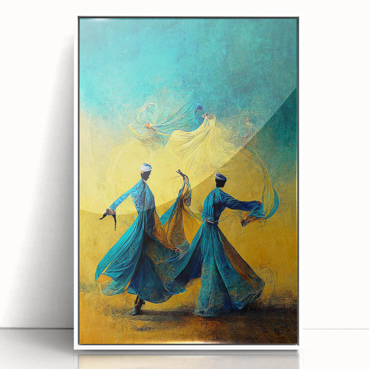 Framed abstract figurative wall art featuring a white background with colorful geometric shapes, adding a modern touch to any living space or office decor.