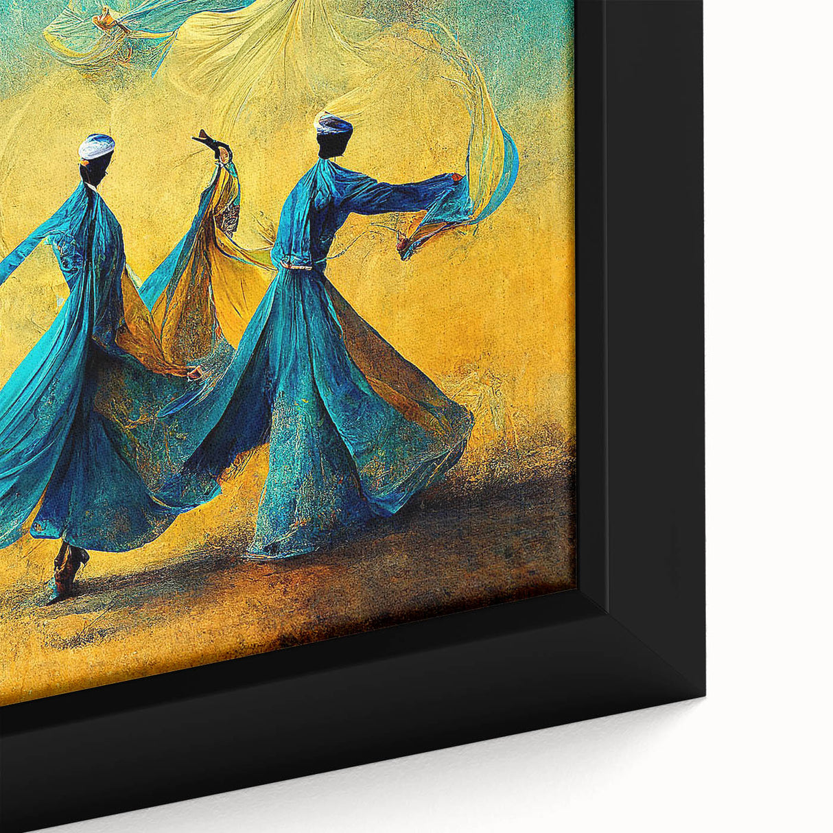 Colorful abstract figurative wall art in a sleek black frame, showcasing dynamic shapes and brush strokes, perfect for modern home decor.