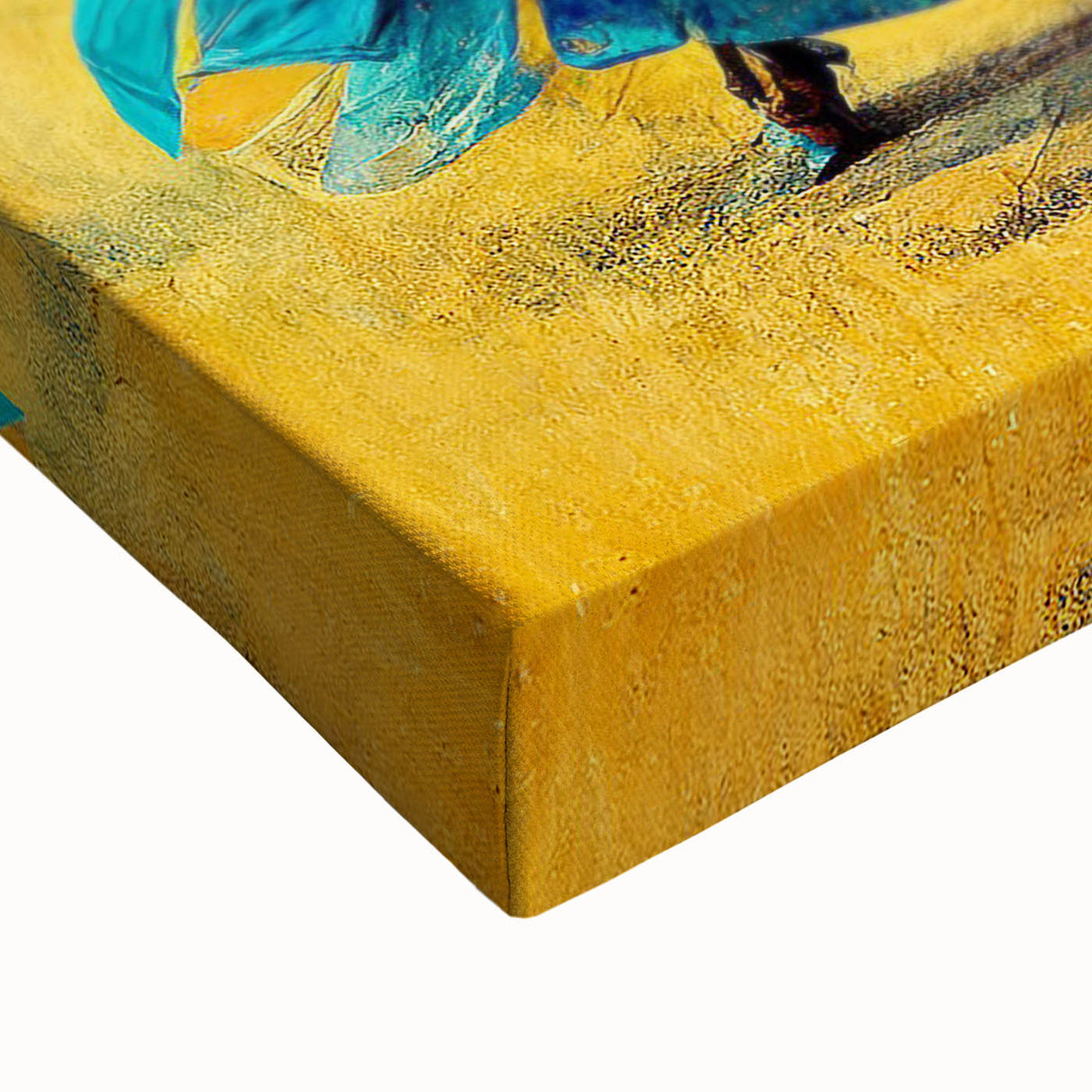 Close-up of an abstract figurative wall art piece on stretched canvas, showcasing vibrant colors and intricate textures, perfect for modern home decor.