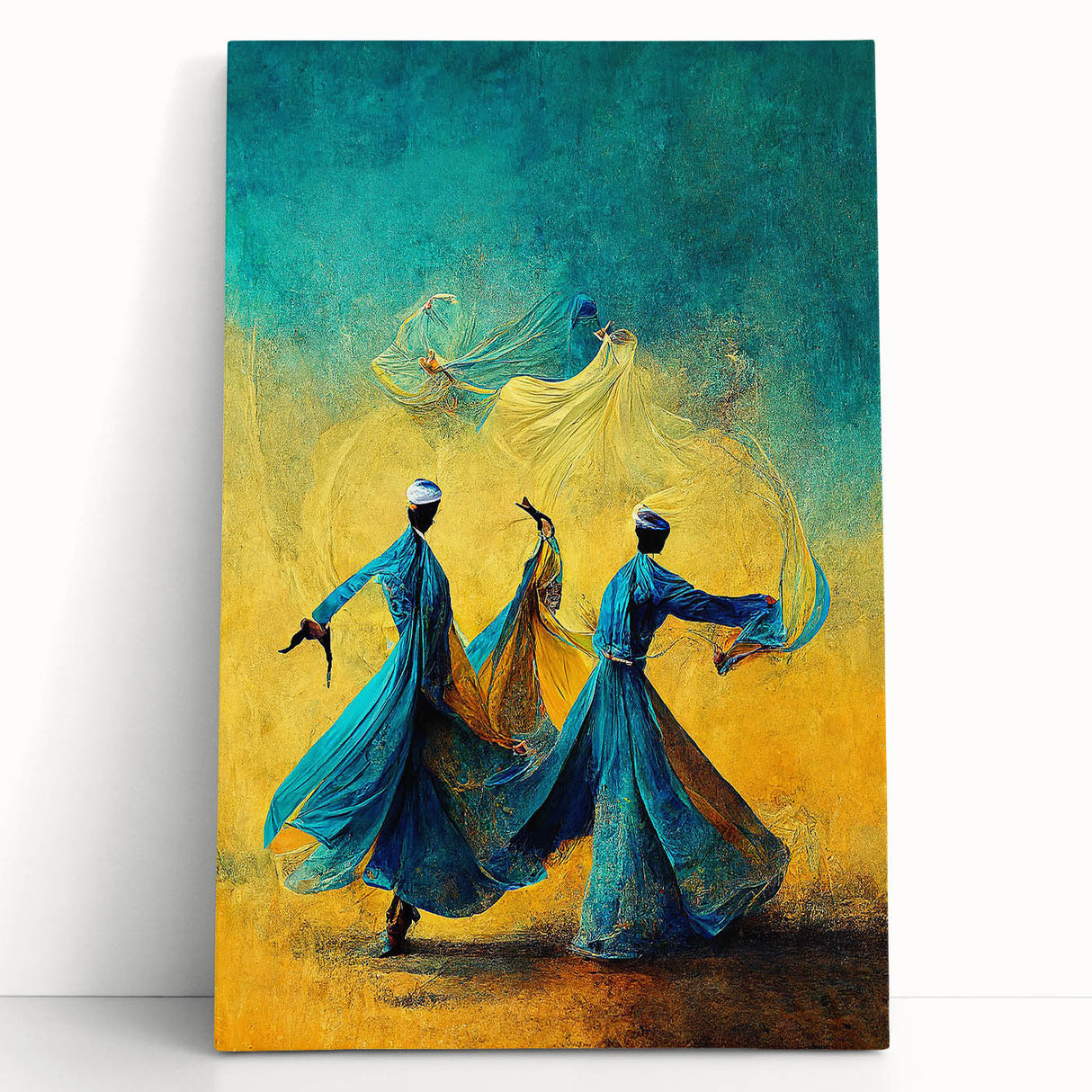 Abstract figurative wall art on a stretched canvas, showcasing vibrant colors and dynamic shapes, designed to enhance modern interior decor and create an artistic focal point.