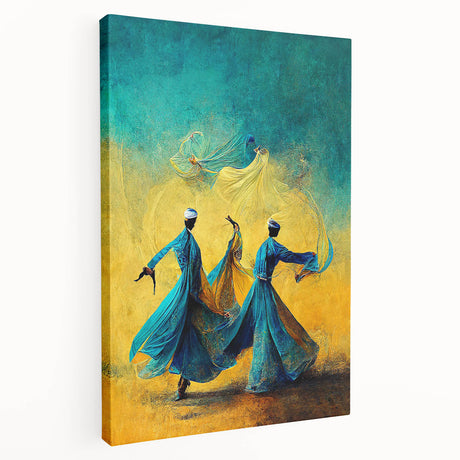 Abstract figurative wall art on stretched canvas, showcasing vibrant colors and dynamic shapes, presented in a side view that highlights its depth and texture. Perfect for modern decor enthusiasts seeking unique artistic expressions.