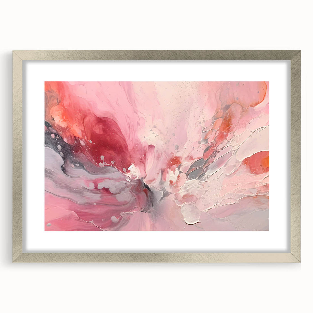 Abstract wall art featuring vibrant strokes in shades of blue, pink, and gold, elegantly framed with a silver mat, perfect for modern home decor. Ideal for enhancing artistic ambiance in living rooms or offices.
