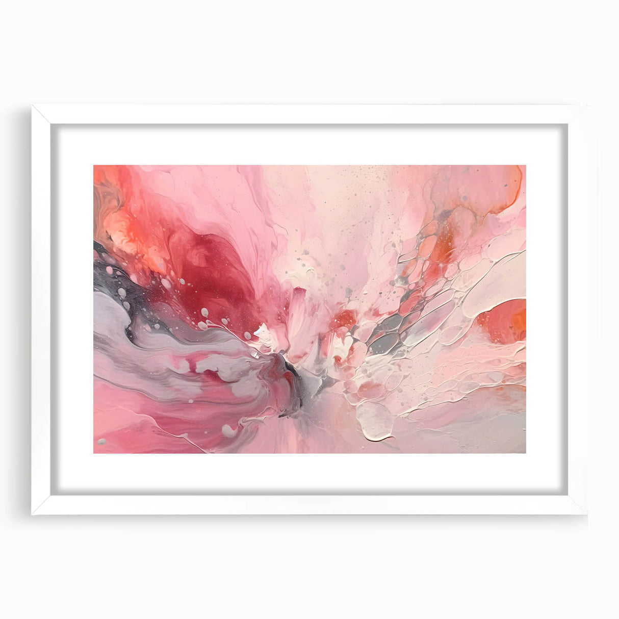 Abstract strokes wall art framed in white with a mat, showcasing vibrant colors and dynamic patterns, perfect for modern home decor in living spaces or offices.
