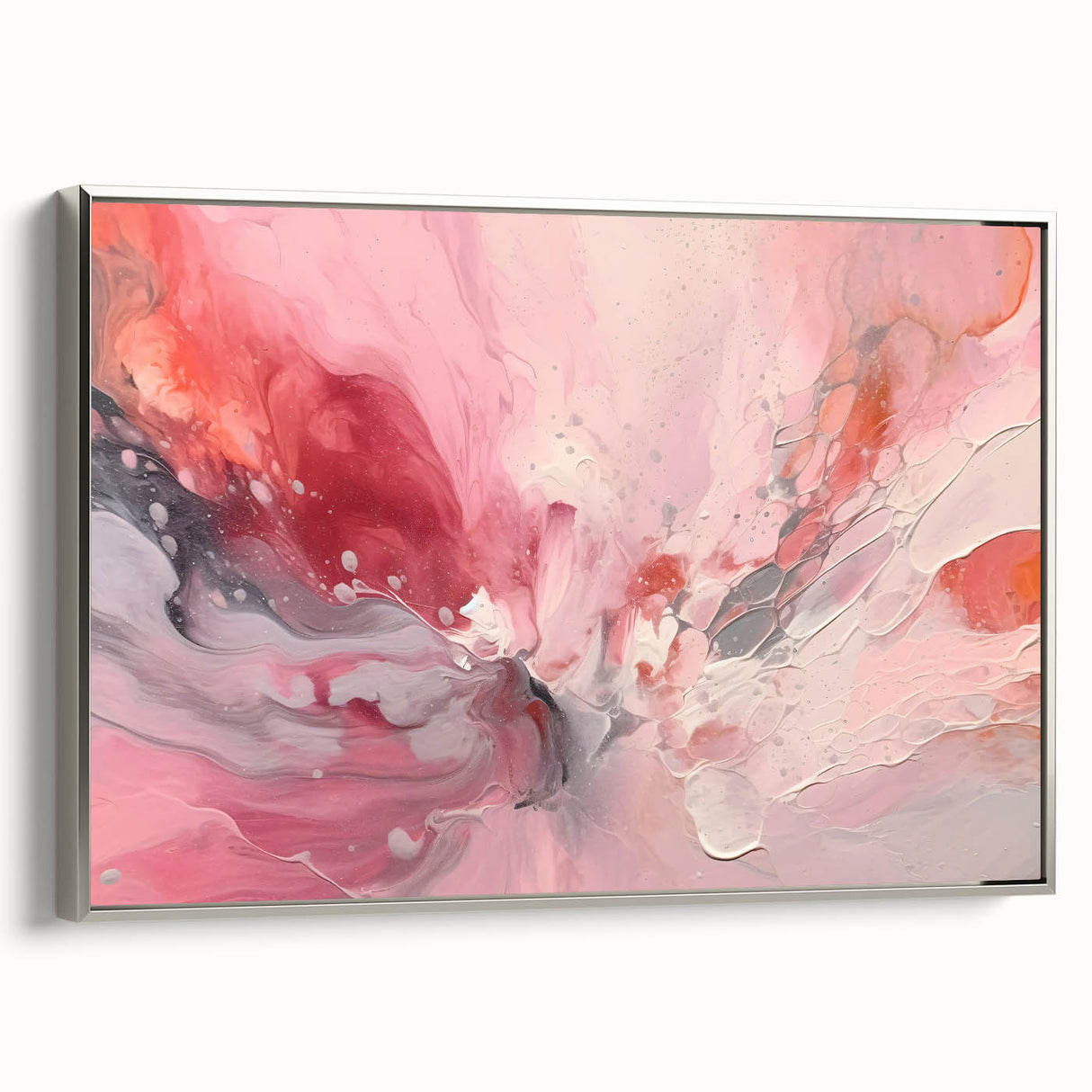 Framed canvas wall art depicting abstract strokes in silver and gray hues, showcasing a modern design ideal for contemporary home decor. The artwork's sleek frame enhances its elegant style, making it a perfect addition to living rooms or offices.