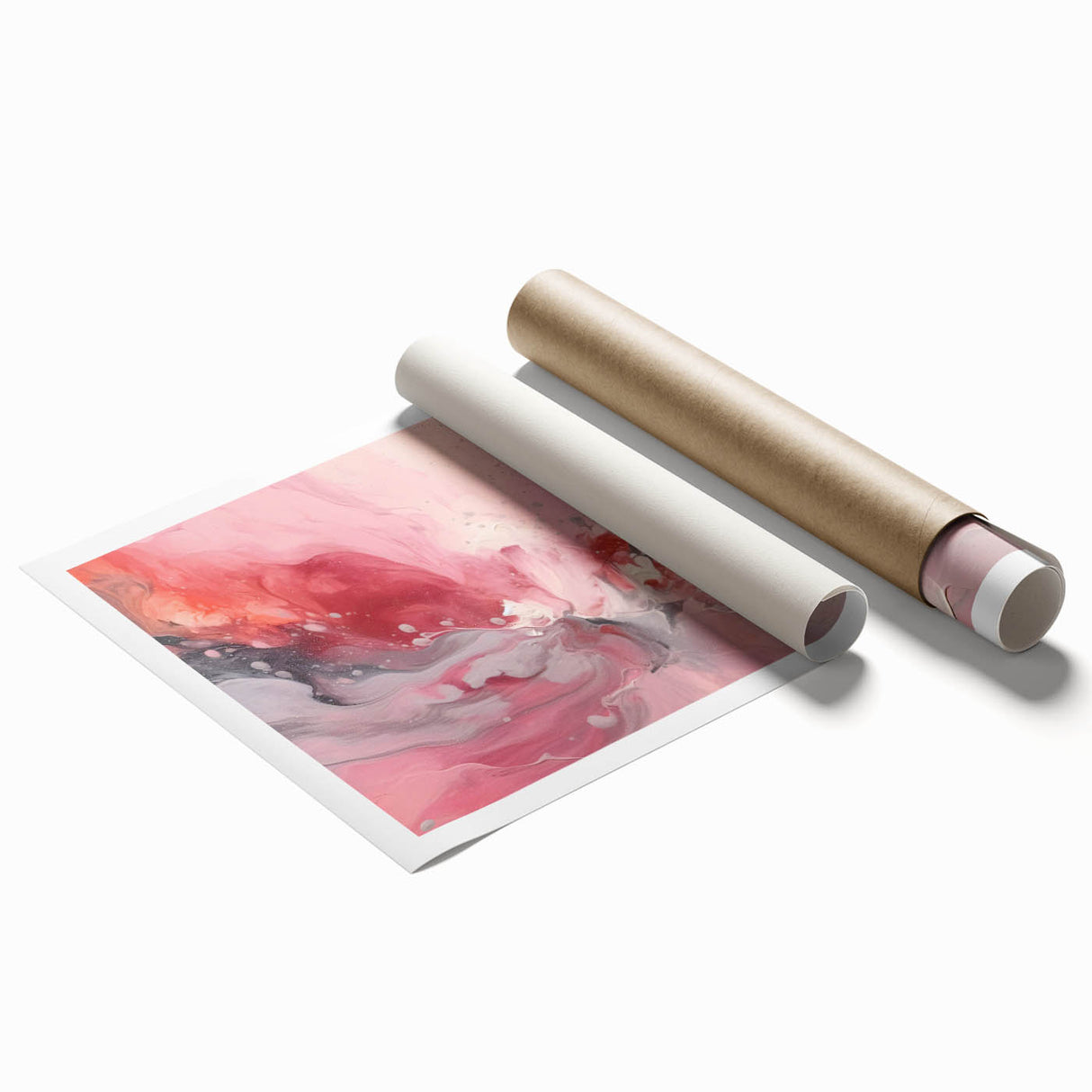 Abstract wall art print showcasing vibrant strokes in shades of blue, pink, and gold, perfect for modern decor. Ideal for living spaces, this rolled artwork is designed to add a contemporary touch to your home.