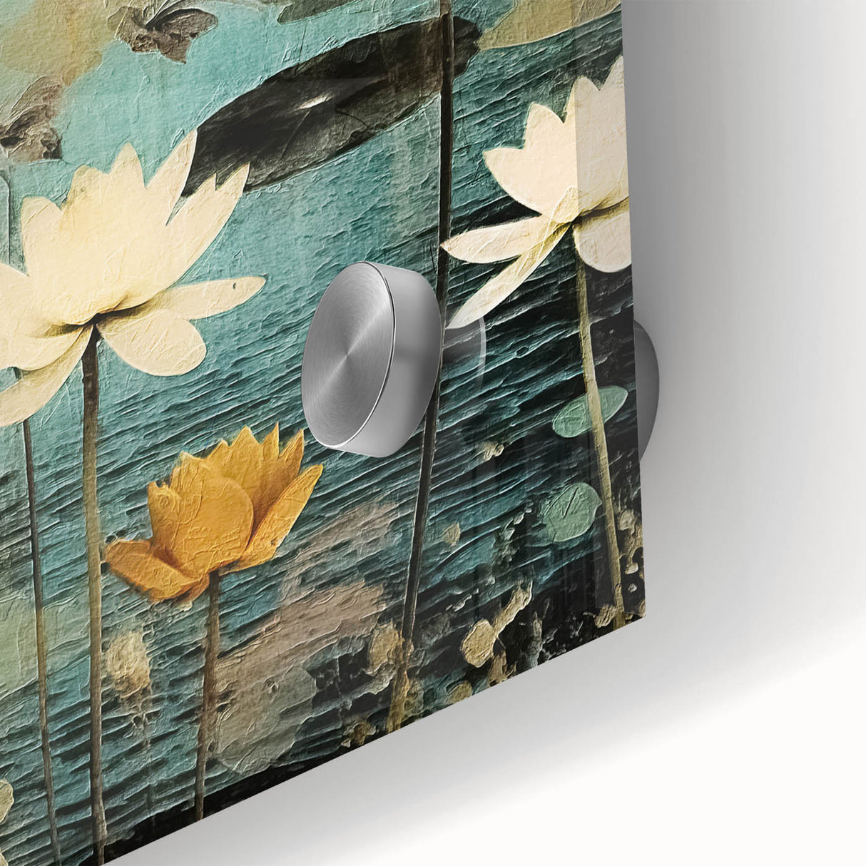 Close-up shot of vibrant abstract floral wall art printed on acrylic glass, showcasing rich colors and intricate details, perfect for modern home decor.