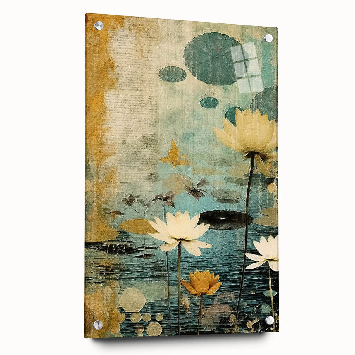 Abstract floral wall art displayed in acrylic glass with a side view showcasing vibrant colors and intricate details, elegantly pinned for a modern aesthetic.