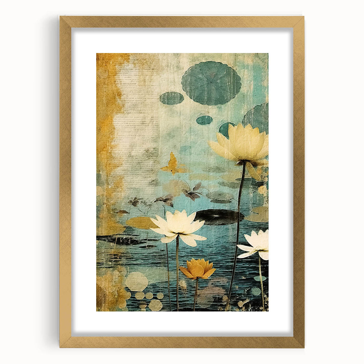 Abstract floral wall art in a gold frame with a mat, showcasing vibrant colors and intricate patterns, perfect for enhancing modern home decor and interior aesthetics.