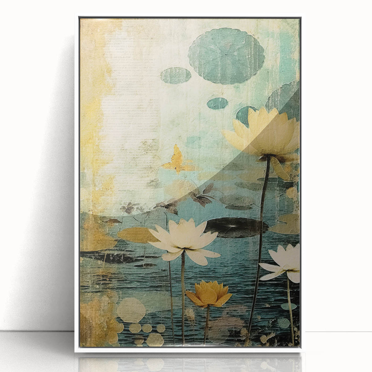 Framed abstract floral wall art in white acrylic, showcasing vibrant colors and intricate designs, perfect for modern home decor and enhancing interior aesthetics.