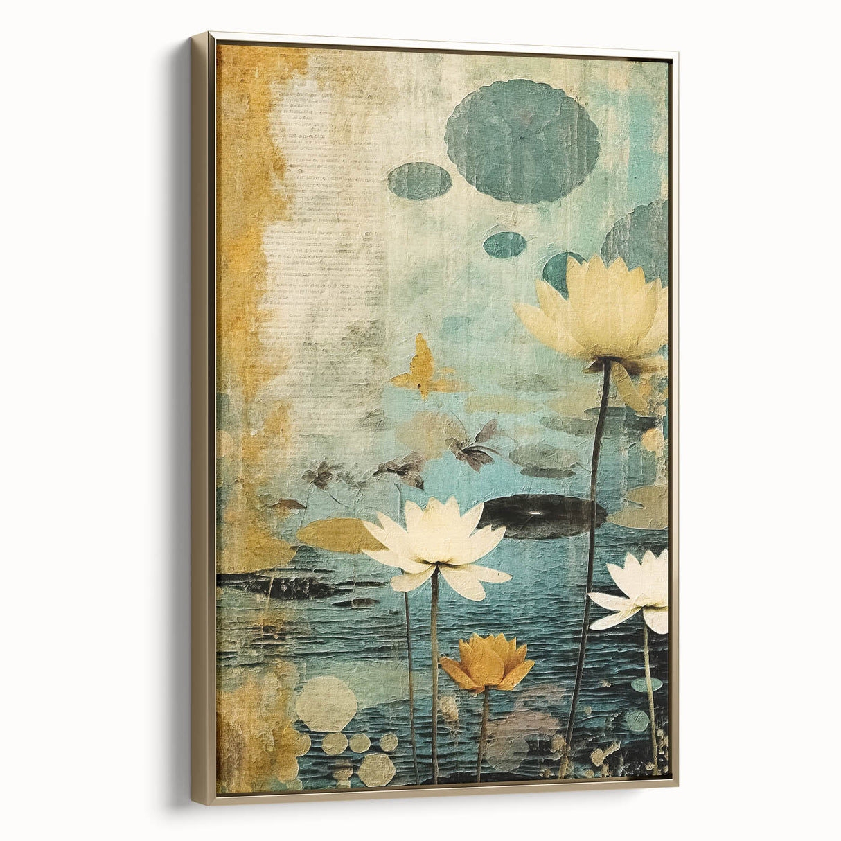 Framed canvas wall art showcasing an abstract floral design in vibrant colors, accented by a gold frame, ideal for modern home decor and artistic interiors.