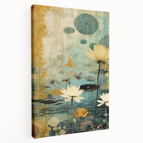 Abstract floral wall art on stretched canvas showcasing vibrant colors and intricate designs, perfect for modern home decor, viewed from the side.
