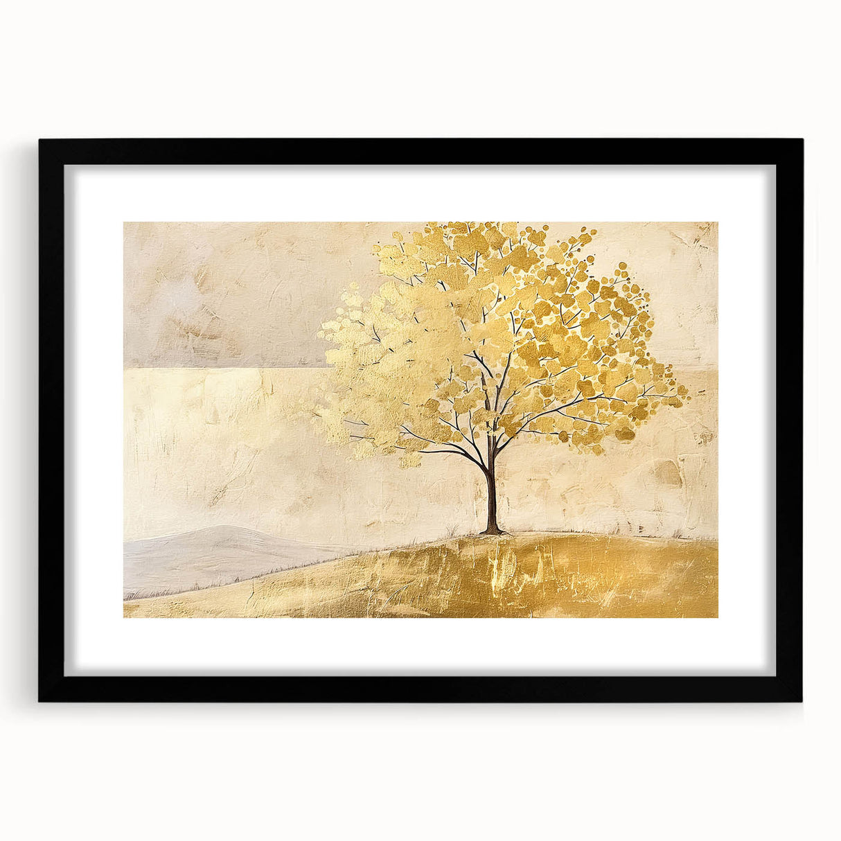 Abstract landscape wall art framed with a black mat, showcasing vibrant colors and modern design elements, perfect for enhancing contemporary interior decor.