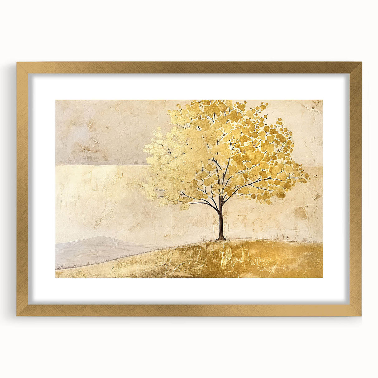 Abstract landscape wall art framed with a gold mat, showcasing vibrant colors and textures, perfect for modern home decor. Ideal for enhancing interior aesthetics.