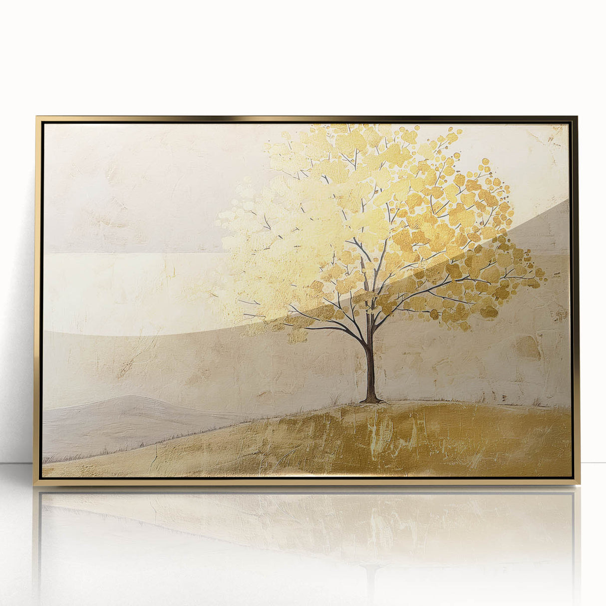 Framed abstract landscape wall art featuring vibrant colors and gold accents, perfect for modern home decor. Ideal for adding a touch of elegance to living spaces.