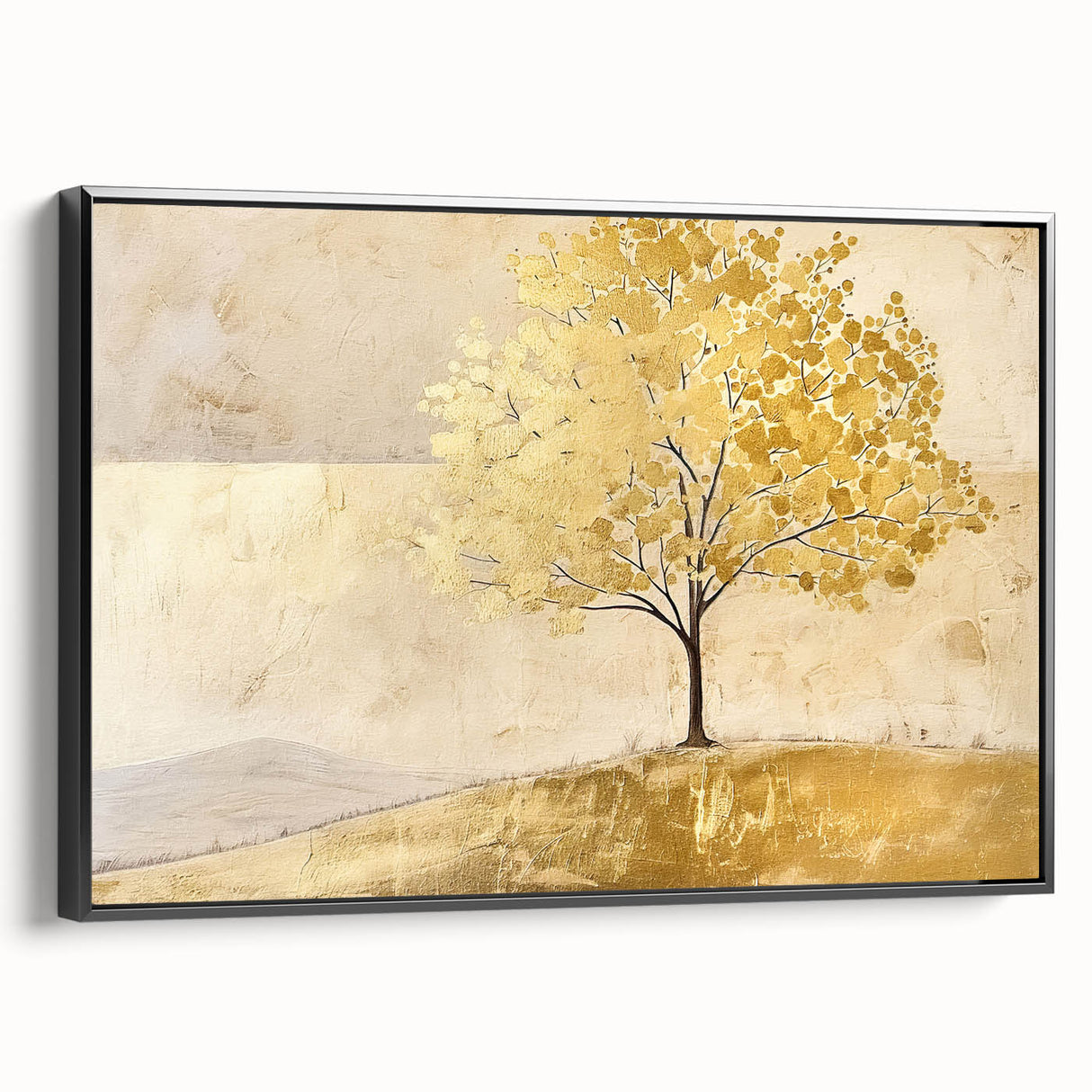 Framed canvas wall art depicting an abstract landscape design with rich black tones and textured details, showcasing a modern aesthetic for home decor.