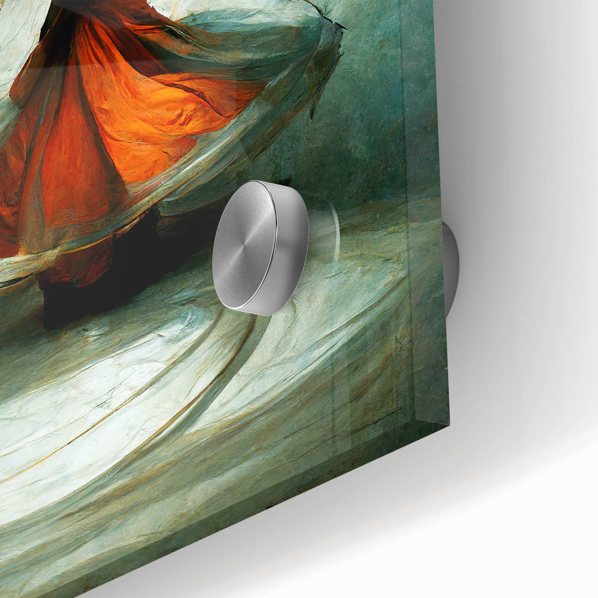 Close-up view of an abstract figurative wall art piece featuring vibrant colors and intricate patterns, designed for display in modern interiors. The artwork is printed on acrylic glass, showcasing depth and clarity, making it a striking focal point for any room. Perfect for art enthusiasts seeking contemporary decor.