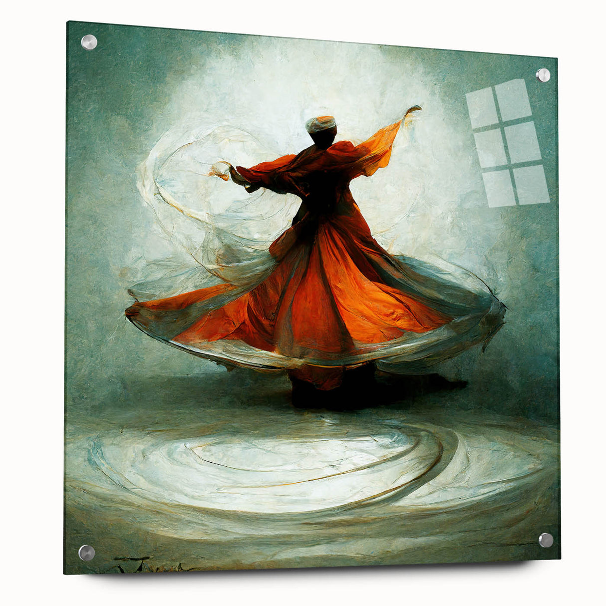 Abstract figurative wall art design displayed in a side view, featuring vibrant colors and intricate patterns on acrylic glass, elegantly secured with pins, perfect for modern decor.