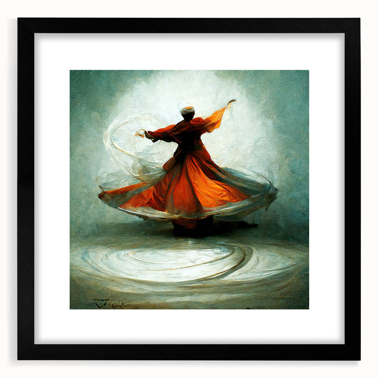 Abstract figurative wall art displayed in a sleek black frame with a white mat, featuring vibrant colors and dynamic shapes, perfect for modern home decor.