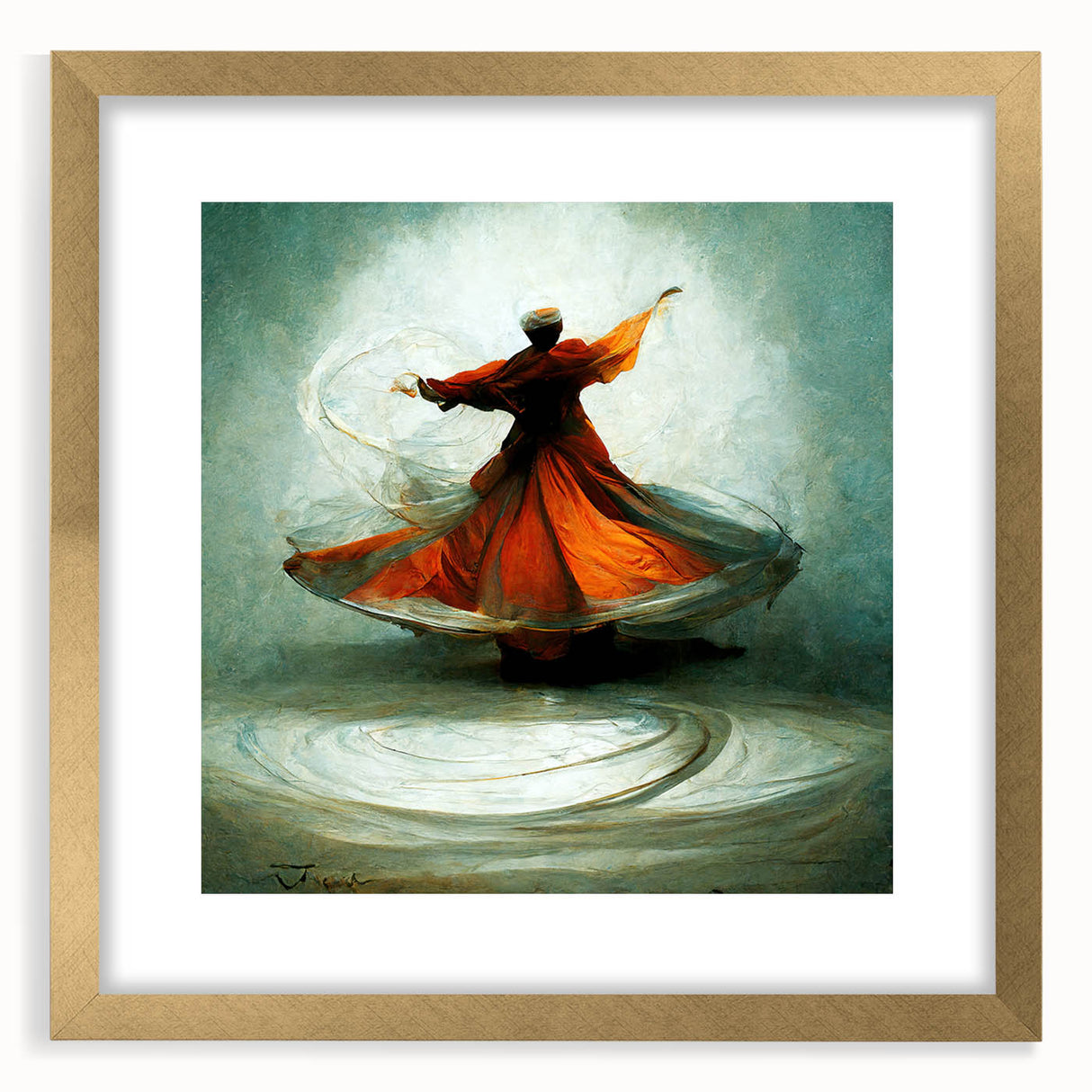 Abstract figurative wall art framed in gold with a mat, showcasing vibrant colors and intricate patterns, ideal for modern home decor.