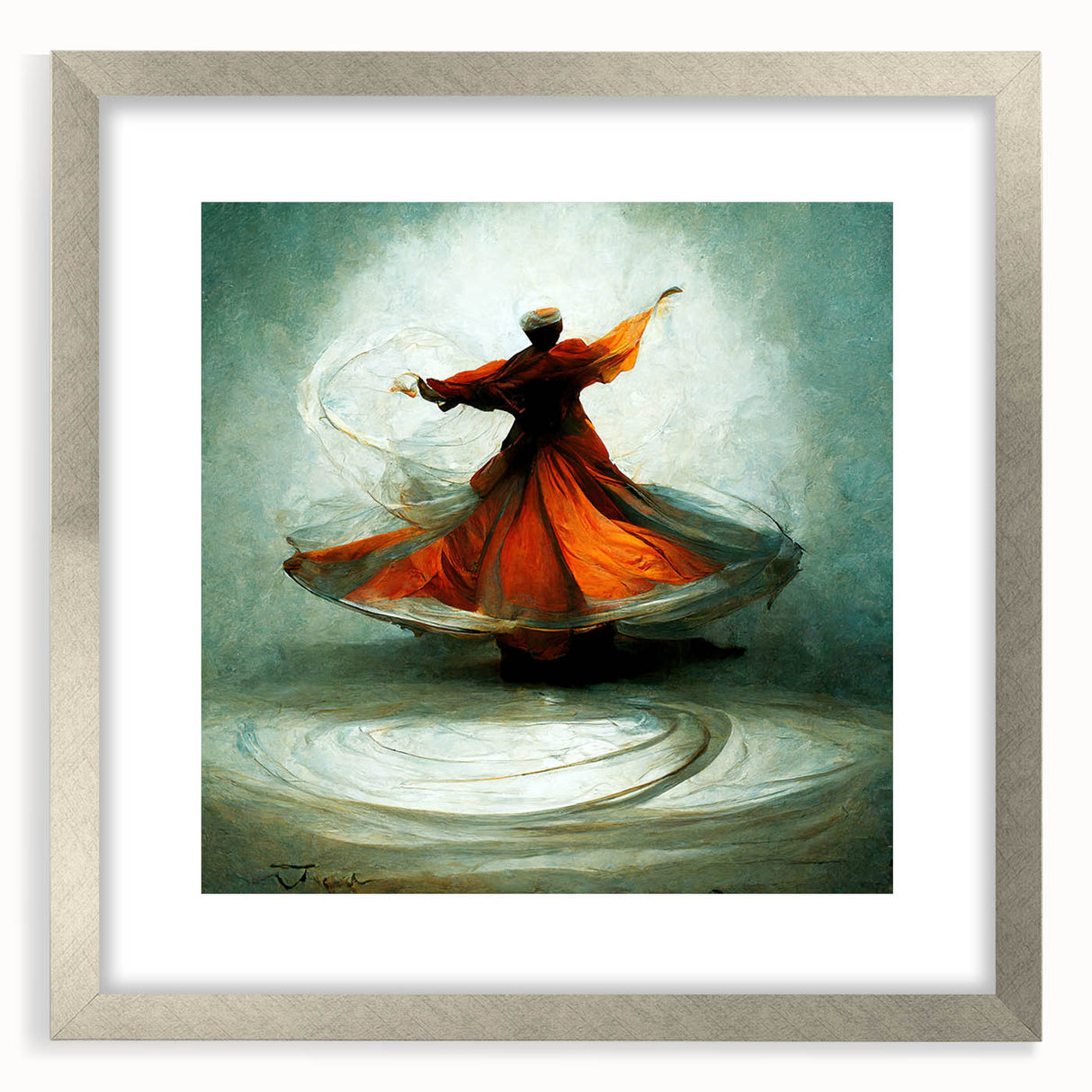 Abstract figurative wall art framed with a silver mat, showcasing vibrant colors and dynamic shapes, perfect for modern home decor and artistic expression.