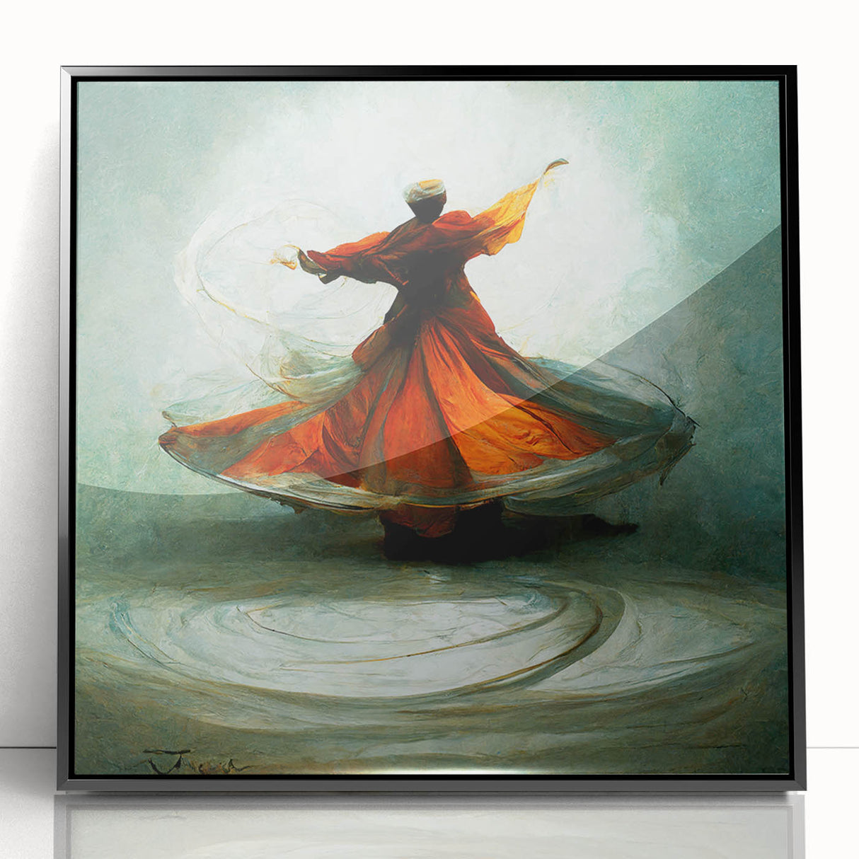 Framed acrylic wall art featuring an abstract figurative design, showcasing bold colors and dynamic shapes, perfect for modern home decor.