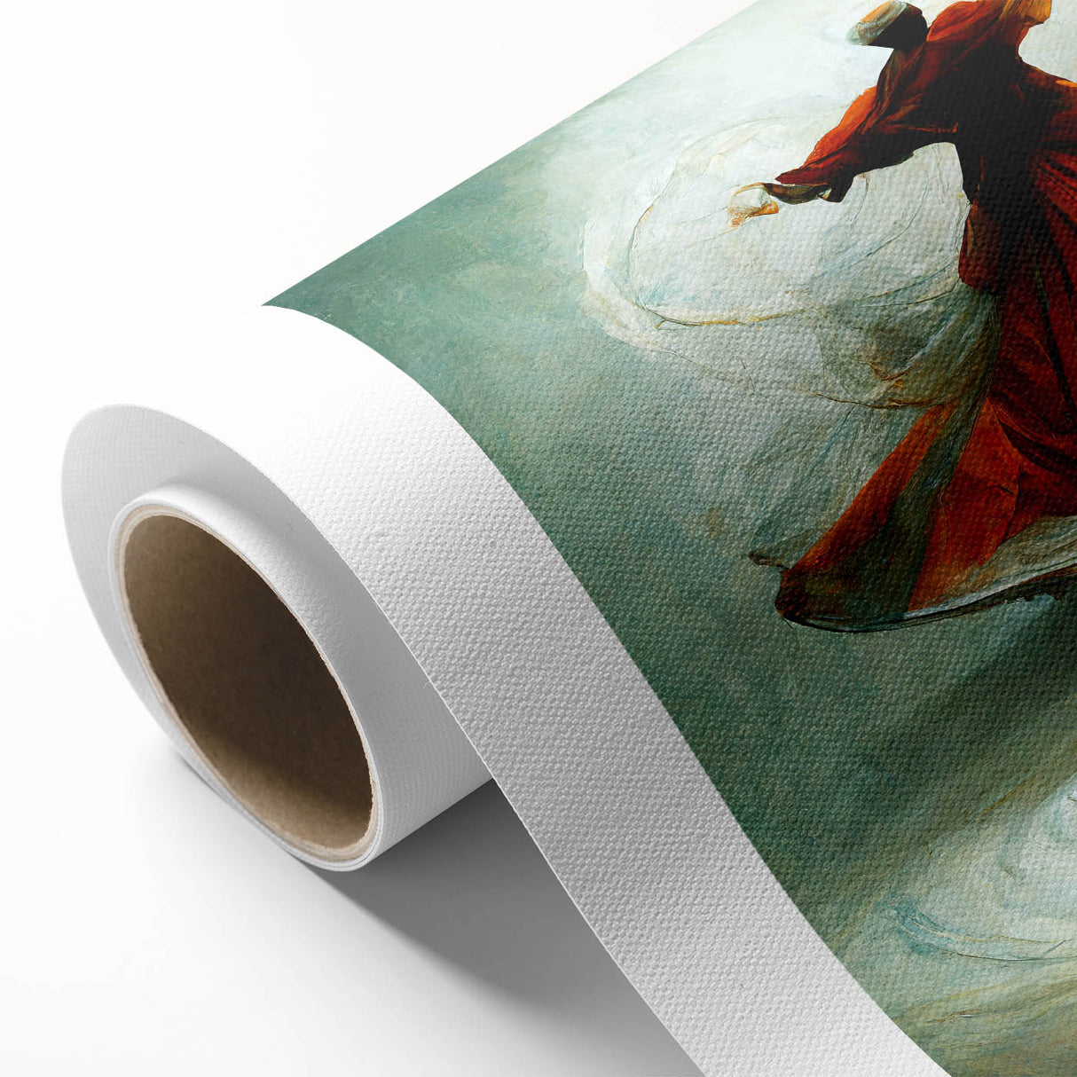 Abstract figurative wall art on rolled canvas showcasing vibrant colors and dynamic shapes, perfect for modern home decor, elegantly packaged in a protective tube.