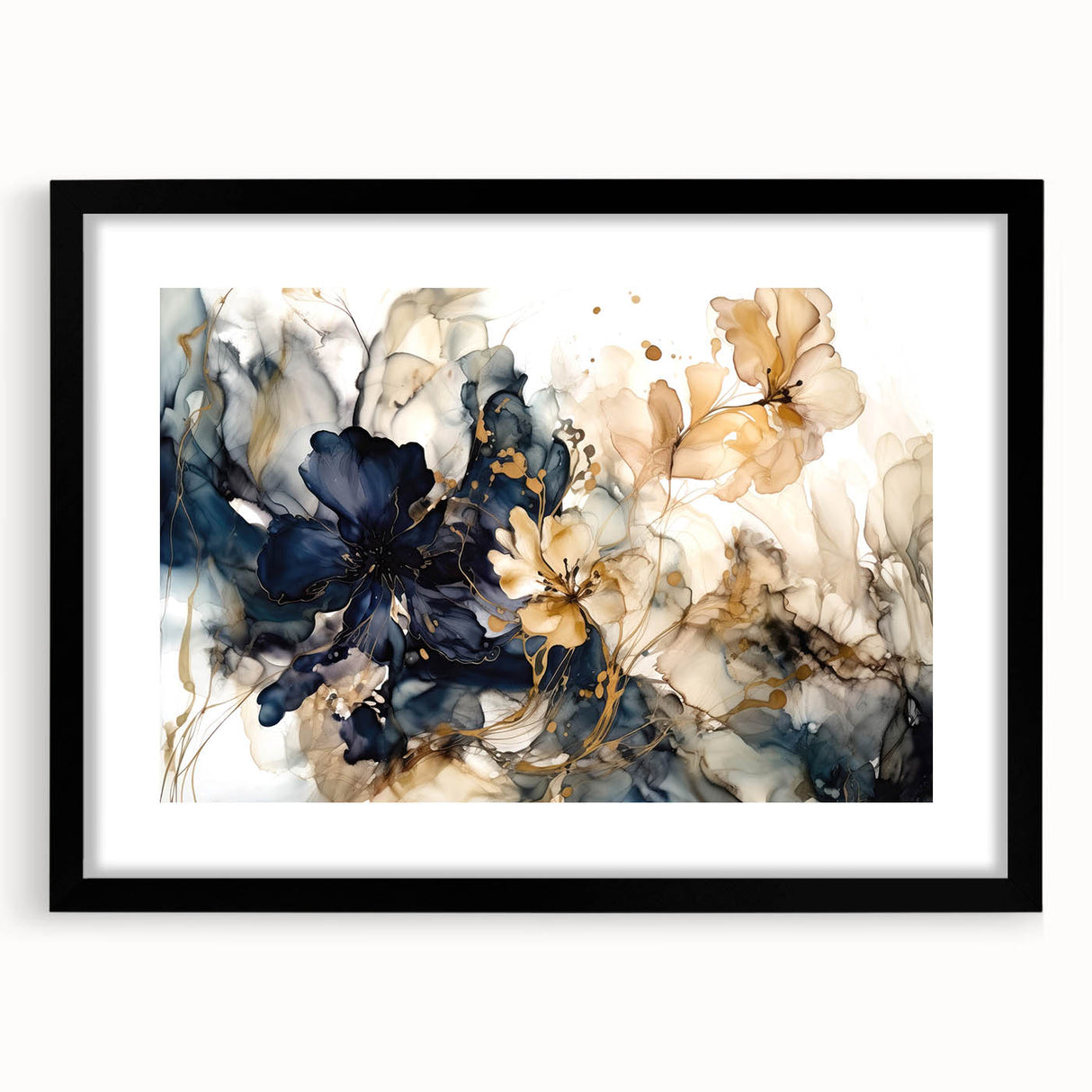 Abstract floral wall art framed with a black mat, showcasing vibrant colors and intricate patterns, ideal for modern home decor or office settings.