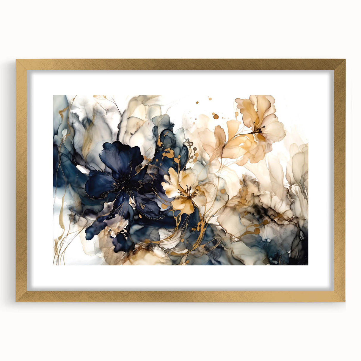 Abstract floral wall art in a gold frame with a mat, showcasing vibrant colors and intricate designs, perfect for enhancing modern home decor. Ideal for living rooms or galleries.