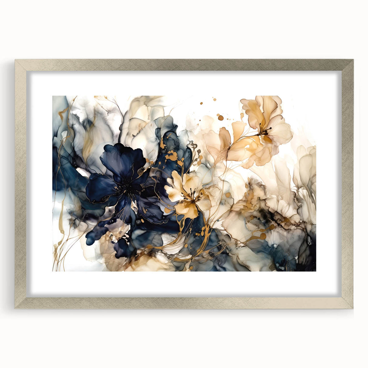 Abstract floral wall art framed in silver, showcasing vibrant colors and intricate designs, ideal for home decor. The mat adds elegance, enhancing any room's aesthetic.