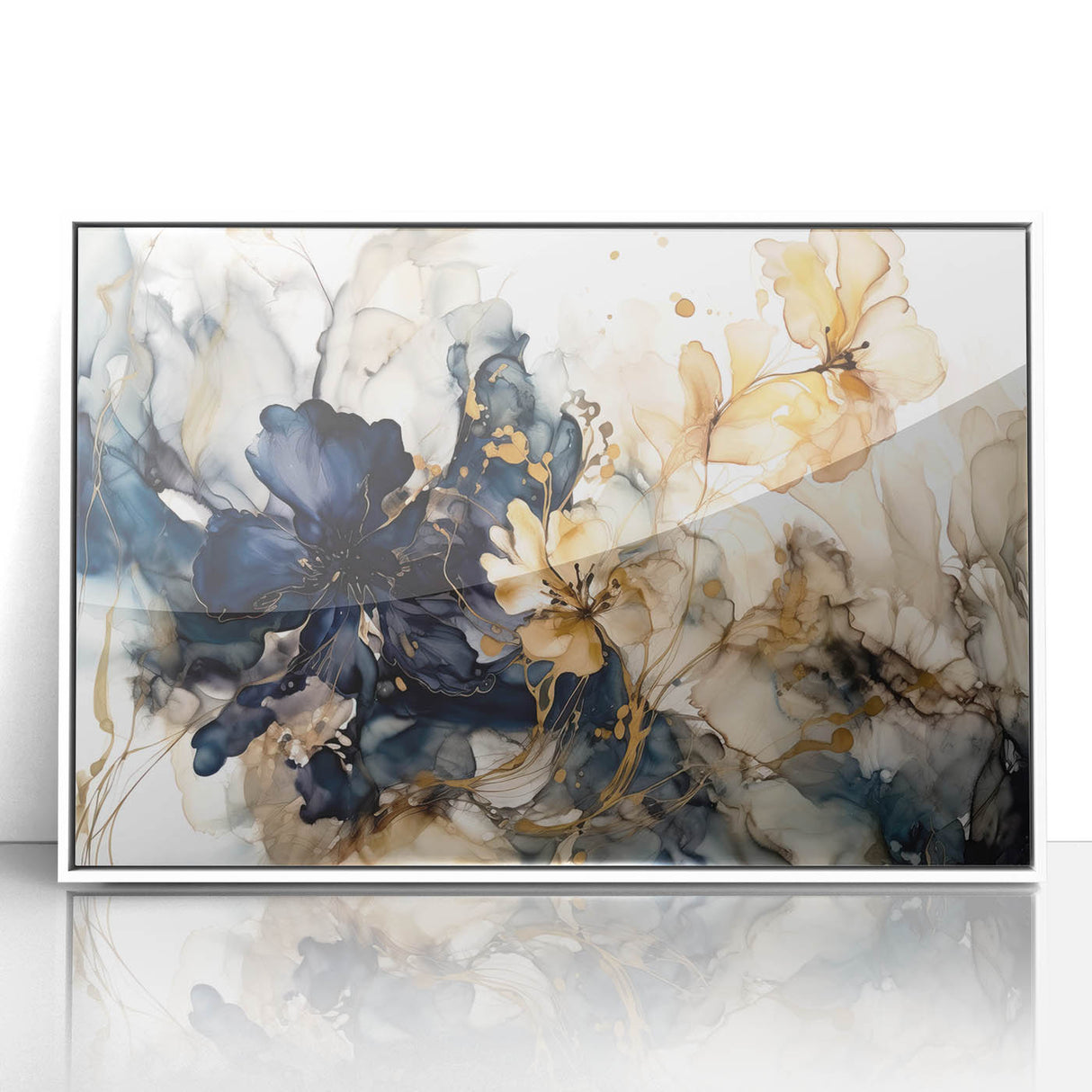 Framed acrylic wall art showcasing an abstract floral design in vibrant colors, set against a sleek white background, perfect for modern home decor.