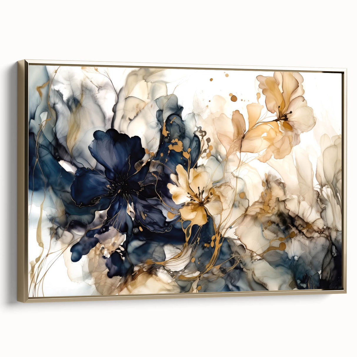 Framed canvas wall art featuring abstract floral design in vibrant gold and soft pastels, ideal for modern home decor, displayed from a side view.