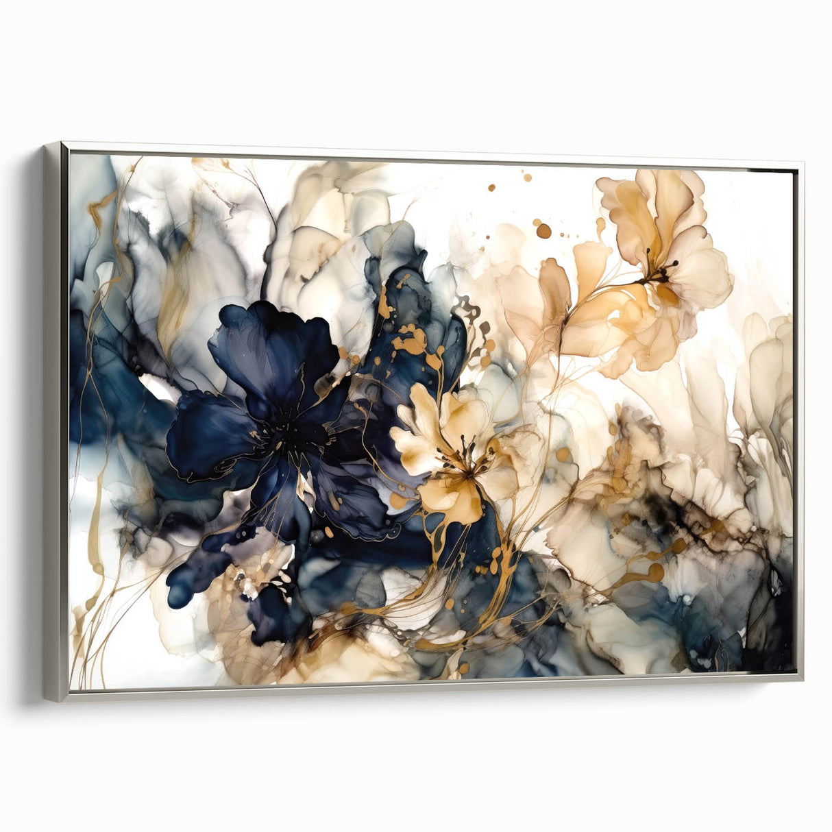 Framed canvas wall art showcasing an abstract floral design with vibrant colors and a sleek silver frame, perfect for modern home decor. The artwork adds a touch of elegance and creativity to any space, ideal for living rooms or offices.