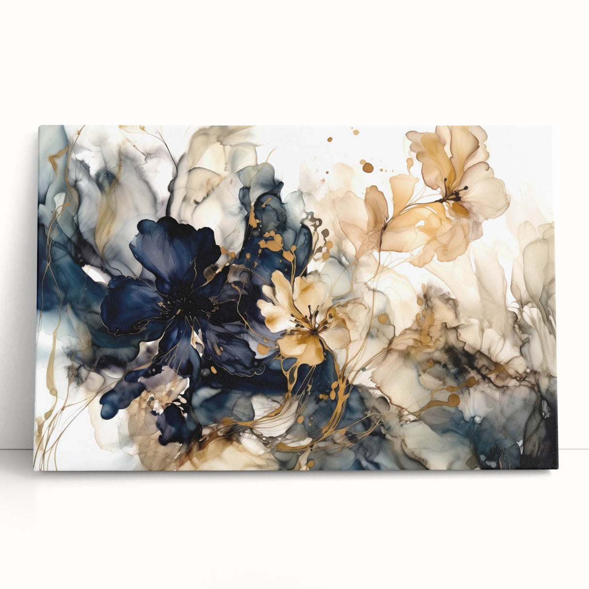 Colorful abstract floral wall art on stretched canvas, featuring vibrant hues of pink, blue, and green, perfect for modern home decor or office styling.