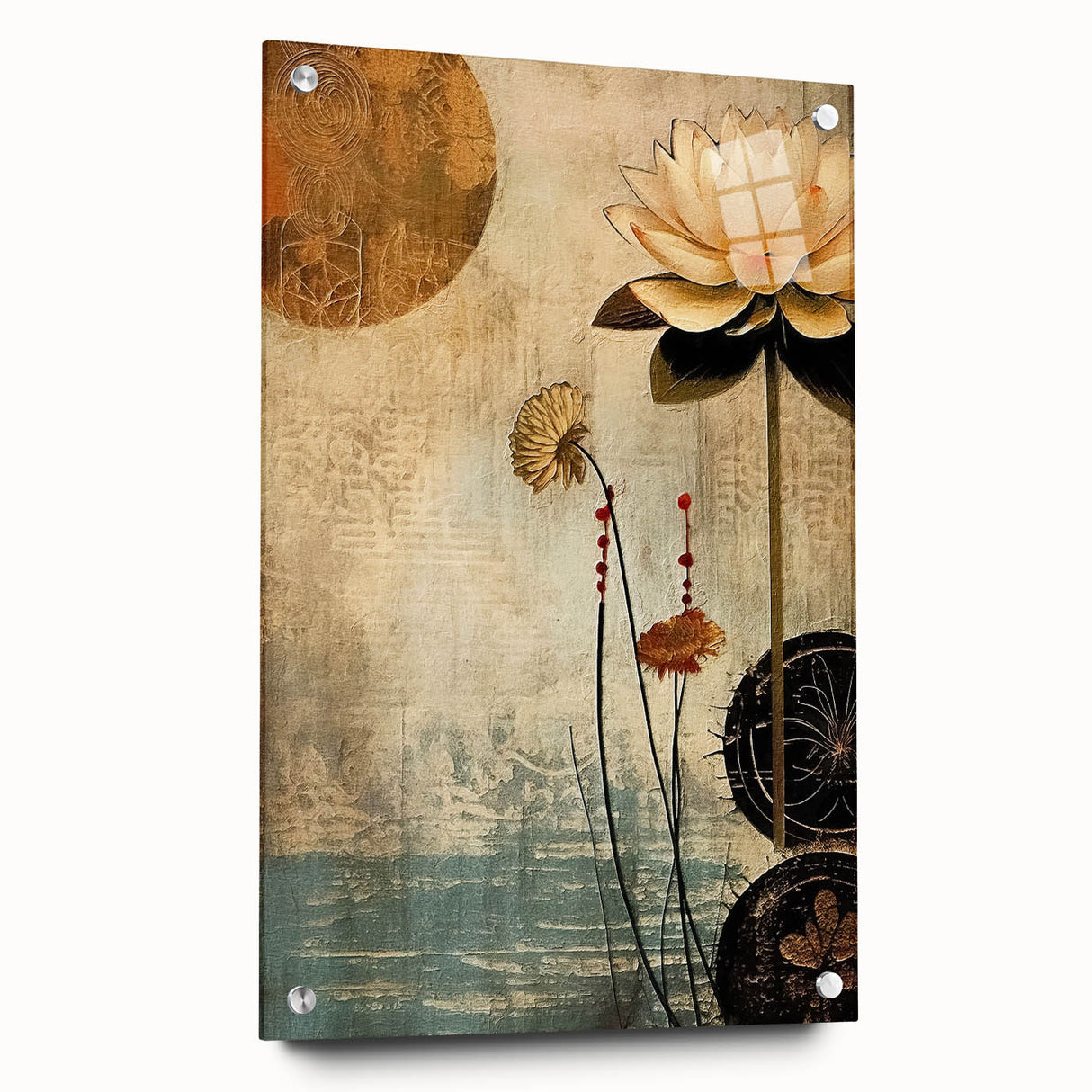Abstract floral wall art displayed in acrylic glass, showcasing vibrant colors and intricate designs, secured with decorative pins on a neutral background.