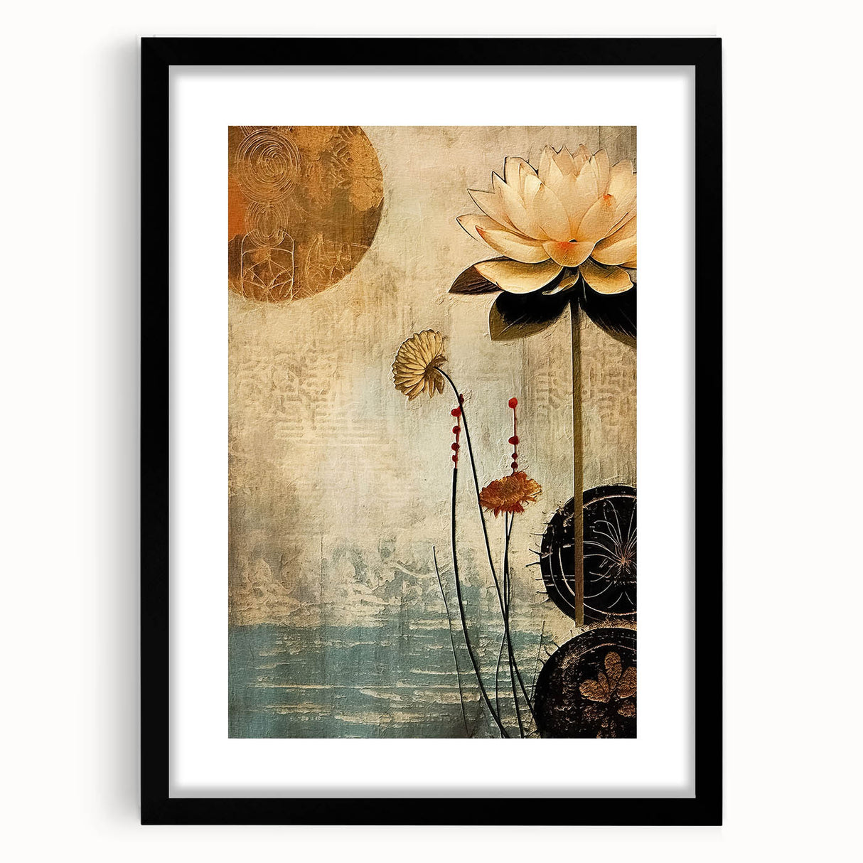 Abstract floral wall art framed in black with a mat, showcasing vibrant colors and intricate designs, perfect for modern home decor or art enthusiasts.